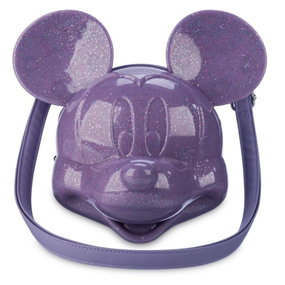 Loungefly Disney Parks Mickey‎ Mouse Molded Head Purple Glitter Crossbody Purse